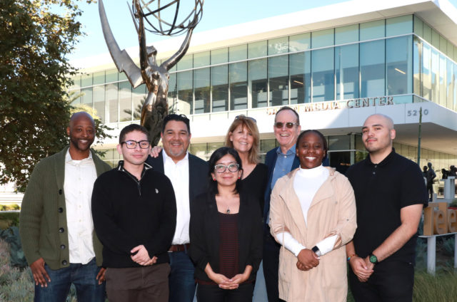Endemol Shine CEO Cris Abrego, Jonathan Murray, Founder and Executive Consultant, Bunim-Murray Productions, and Stephanie Noonan Drachkovitch, Co-CEO of 44 Blue Productions, pose with interns William Walker, Jr., Daniel Rivas, Caroline Buendia, Deborah Ochei, and Humberto Rivas at the Television Academy Foundation’s 2019 Faculty Seminar Conference, Monday, Nov. 4, 2019 at the Academy’s Saban Media Center in Los Angeles. (Photo by Mark Von Holden/Invision for The Television Academy/AP Images)
